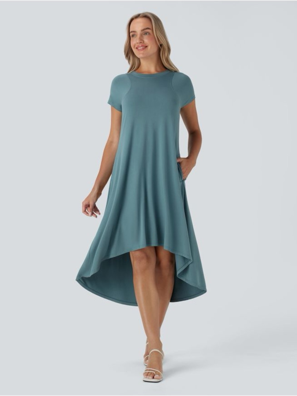 Halara Round Neck Short Sleeve Pocket High Low Flowy Midi Casual Dress XS